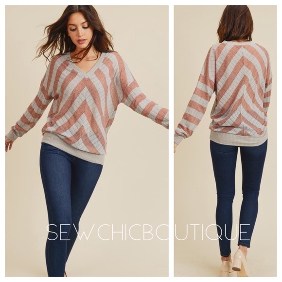 Drop Shoulder Striped V-Neck Knit Top - Picture 2 of 4